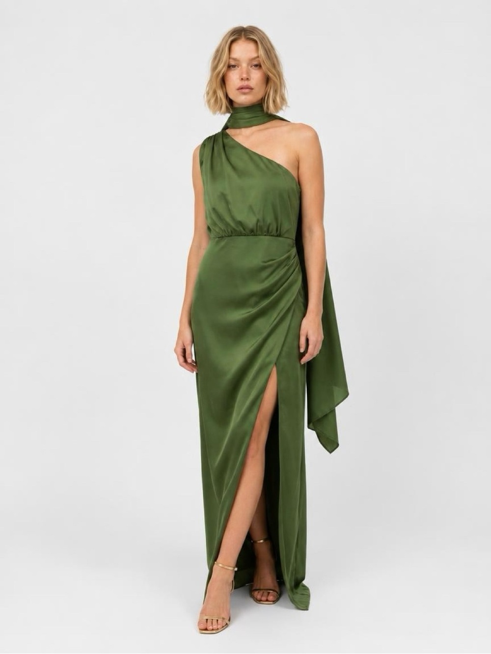 Azazie Olive Green One-Shoulder Satin Maxi Dress with Neck Scarf